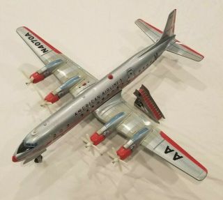 1958 Yonezawa Japan Big Tin Battery Op American Airlines Dc7 Airplane Rare