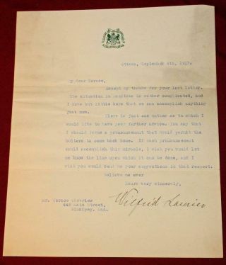 Rare Wilfrid Laurier Prime Minister Canada Signed 1917 Letter Political Content