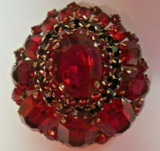 Vintage Signed Schreiner York Brooch 4 - Tiered Faceted Red Ruby Stones Rare