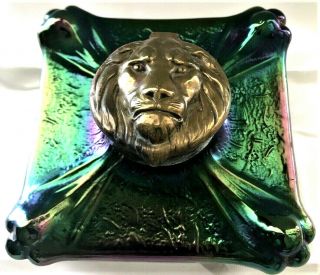 Rare Loetz Kralik Art Nouveau Iridescent Glass Lion Head Inkwell 1900s