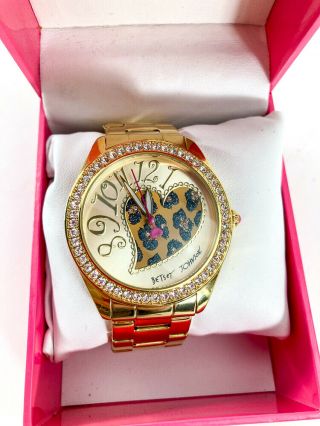 Rare Betsey Johnson Gold Metal Crystal Leopard Heart Watch Battery W/ Box