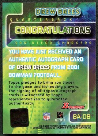 DREW BREES 2001 BOWMAN CERTIFIED AUTO AUTOGRAPH ROOKIE RC SSP VERY RARE 2