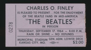 Beatles Vintage 1964 Kansas City Mo Concert Ticket Stub Very Rare Version