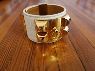 Rare Hermes Bracelet Collier De Chien Epsom White Leather Gold Hardware