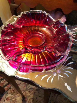 Rare Fenton Ruby Red Silver Crest 9 1/4 " 3 In 1 Low Bowl