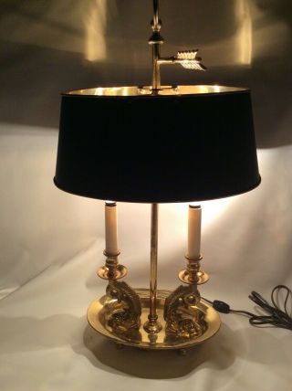 Rare Vintage Brass Bouillotte Desk Lamp - Black Metal Shade Koi Base Double Candl