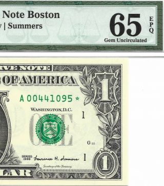 1999 $1 Boston Star ⭐️ Frn,  Pmg Gem Uncirculated 65 Epq,  Rare Run 1