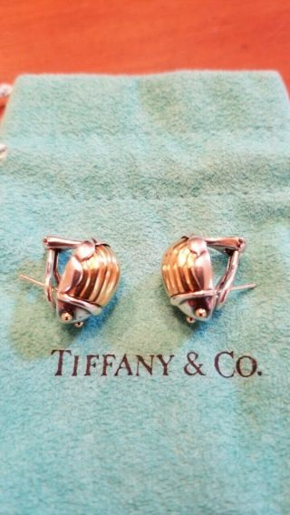 Tiffany & Co Rare Sterling Silver & 18k Yellow Gold Scarab Bug Pierced Earrings