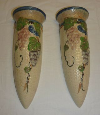 Vintage Rare Pocket Wall Vase Set Of 2 Grape Design Japan Grapes Hand Painted