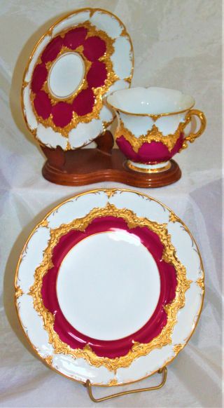 Meissen Purple Red & Gold B Form Cup,  Saucer,  & Cake Plate Rare Color