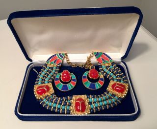 Rare Vintage Hattie Carnegie Egyptian Revival Collar Necklace And Earrings Set