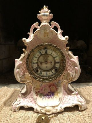 Antique C.  1894 Ansonia Royal Bonn Porcelain Clock Very Rare Model " La Loire "