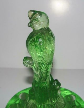 Rare Green Uranium Glass Cambridge Bird On A Stump Flower Frog