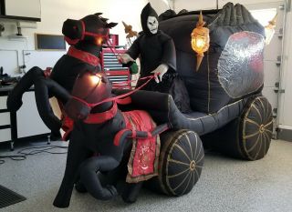 Rare Gemmy Airblown Inflatable Animated Halloween Hearse & Horses,  12 Ft X 7 Ft