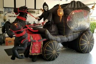 Rare Gemmy Airblown Inflatable Animated Halloween Hearse & Horses,  12 ft x 7 ft 3