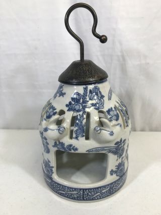 Vintage Rare Porcelain Handpainted Chinese Bird Feeder Blue & White Gazebo