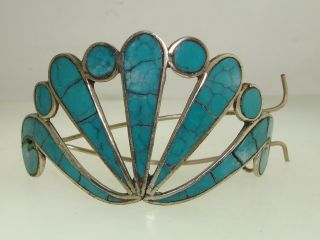 Rare Vintage Hecho En Mexico Turquoise Inlaid Silver Hair Ponytail Clip Holder