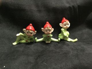 Set Of Rare Vintage Miniature Green Elf Japan Figurines With Red Hats