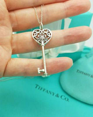 Tiffany & Co.  Rare Silver Enchant Heart Key Pendant Charm 20 " Chain Necklace