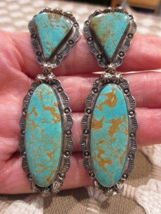 Rare Vintage Navajo Sterling Silver Green Turquoise 2.  75 " Long Dangle Earrings