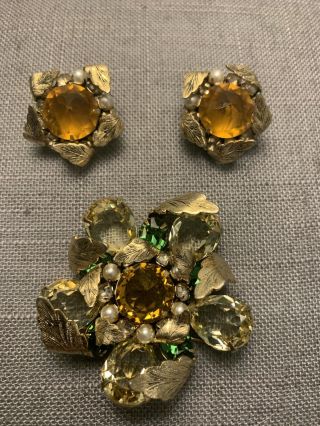 Rare Signed Vintage Schreiner York Flower Brooch With Matching Earrings