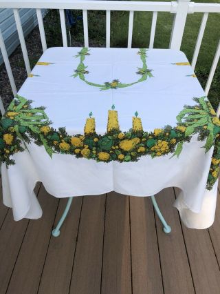 Vintage 50s Christmas Rare Colors Tablecloth Fruit Swags&candles 86”x 60 "
