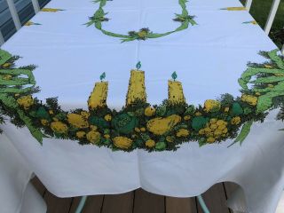 Vintage 50s CHRISTMAS Rare Colors Tablecloth Fruit Swags&Candles 86”x 60 