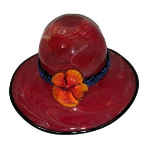Vintage Rare Red Handblown Murano Italy Glass Hat Orange Flower Blue Trim