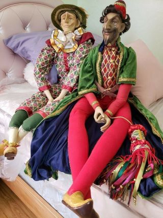 (2) 40” Life Like Jester Dolls Rare Vintage Mardi Gras Christmas Elf