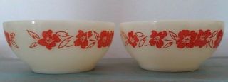 Rare Vintage Set Of 2 Fire King Oven Ware 5 " Bowls White W/red Floral