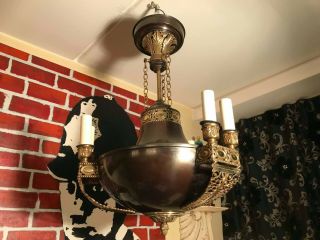 Rare Antique Empire French Style Chandelier French Brass Hanging Chain Lamp