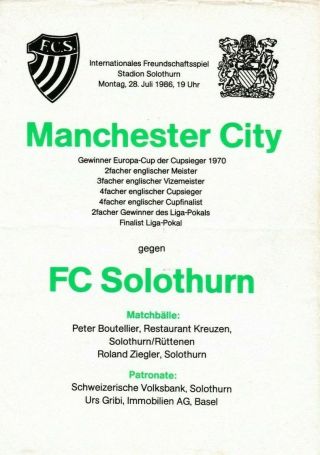 Fc Solothurn V Manchester City 1986 Rare Friendly