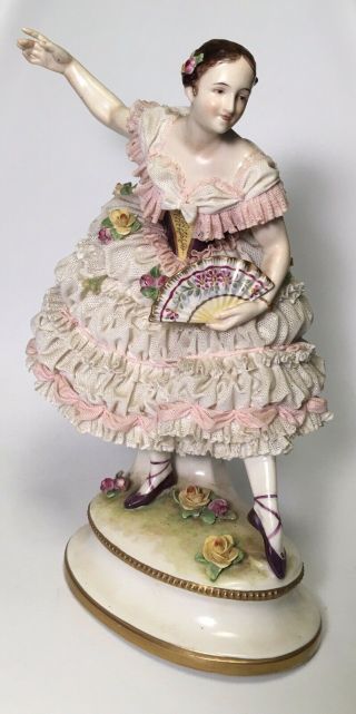Antique German Dresden Volkstedt Lace 12 " Porcelain Figurine Of Ballerina Rare