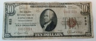 Rare Concord Ma 1929 $10 National Currency Bank Note Massachusetts Charter 833