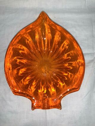 Rare Vintage Murano Orange And Gold Flake Art Glass Leaf Fish Shape Bowl Dish
