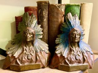 Bookends Extreme Rare: Armor Bronze Native American Chief Polychrome Artist Sign