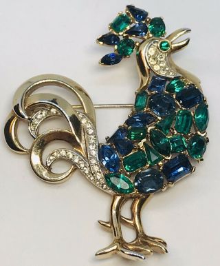 Rare Signed Crown Trifari Alfred Philippe Jeweled Symphony Rooster Pin
