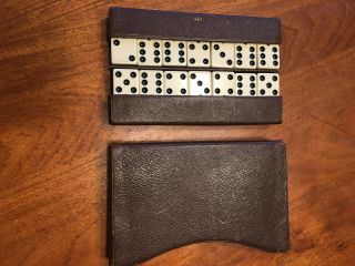 Rare Vintage Domino Set W/unique Leather Case - 28 Dominoes - 1940s - 50s