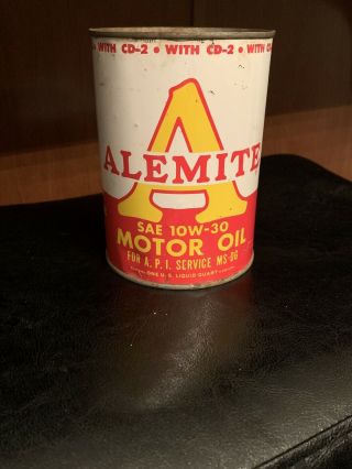 Vintage Alemite Motor Oil Can Quart Qt Metal Tin Empty Yellow A Rare.