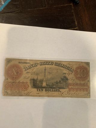 Bank Of The State Of Georgia 10 Dollar Note Obsolete Currency Rare
