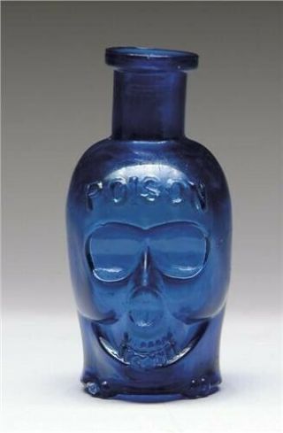 Rare Cobalt Blue Skull Poison Bottle.  The Skull Shaped Bottle Has  Poison