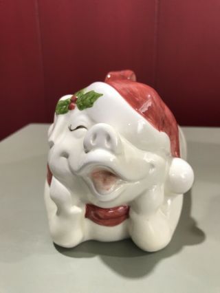 Rare Vintage Fitz & Floyd Pig With Santa Hat - Christmas Covered Dish