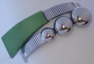 Rare Vintage Machine Age Art Dco Jakob Bengel Chrome & Green Galalith Bracelet