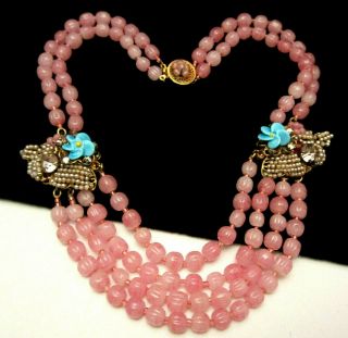 Rare Vintage Signed Miriam Haskell Pink Glass Bead Jeweled Choker Necklace A43