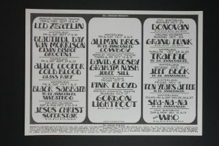 Rare 1972 Bill Graham Schedule Poster Led Zepplin Alice Cooper Black Sabbath
