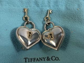 Rare Tiffany & Co.  Sterling 18k Gold Heart Key Hole Padlock Clip Earrings W/bag