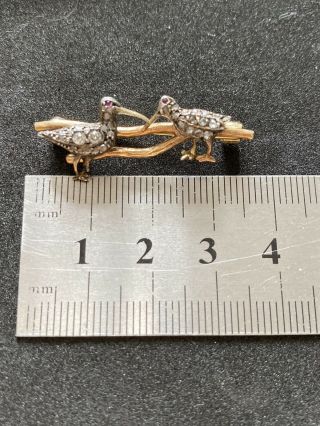 Rare Antique 18k Gold /Silver Rose Cut Diamonds Two Birds Ruby Eye Gold Brooch 3
