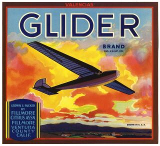 Glider (plane) Rare 1930s Fillmore California Orange Fruit Crate Label