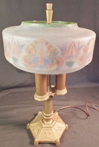Very Rare Deco Reverse Painted Table Lamp Lightolier / Handel Era 11 " D.  By 18 "