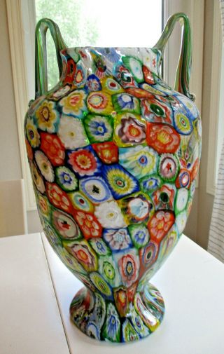 Huge Rare Form Murano Millefiori Applied Handled Vase Fratelli Toso 15 " 1920s